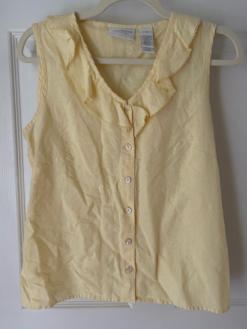 Soft Yellow Ruffle-Trim Sleeveless Linen/Cotton Top
